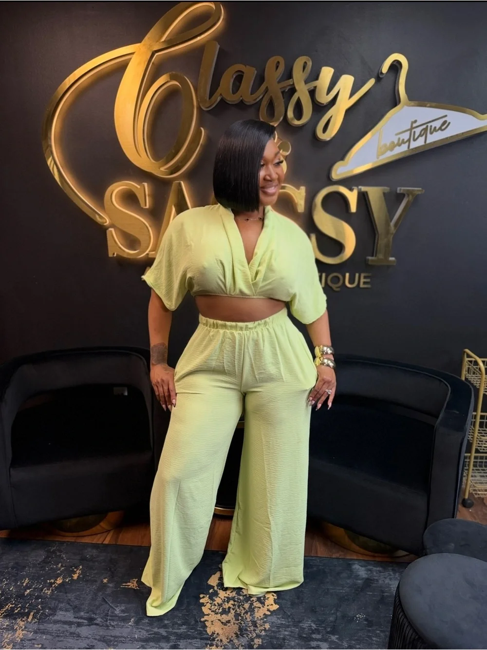Classy & Sassy Lime Two-Piece Wide-Leg Jumpsuit Set